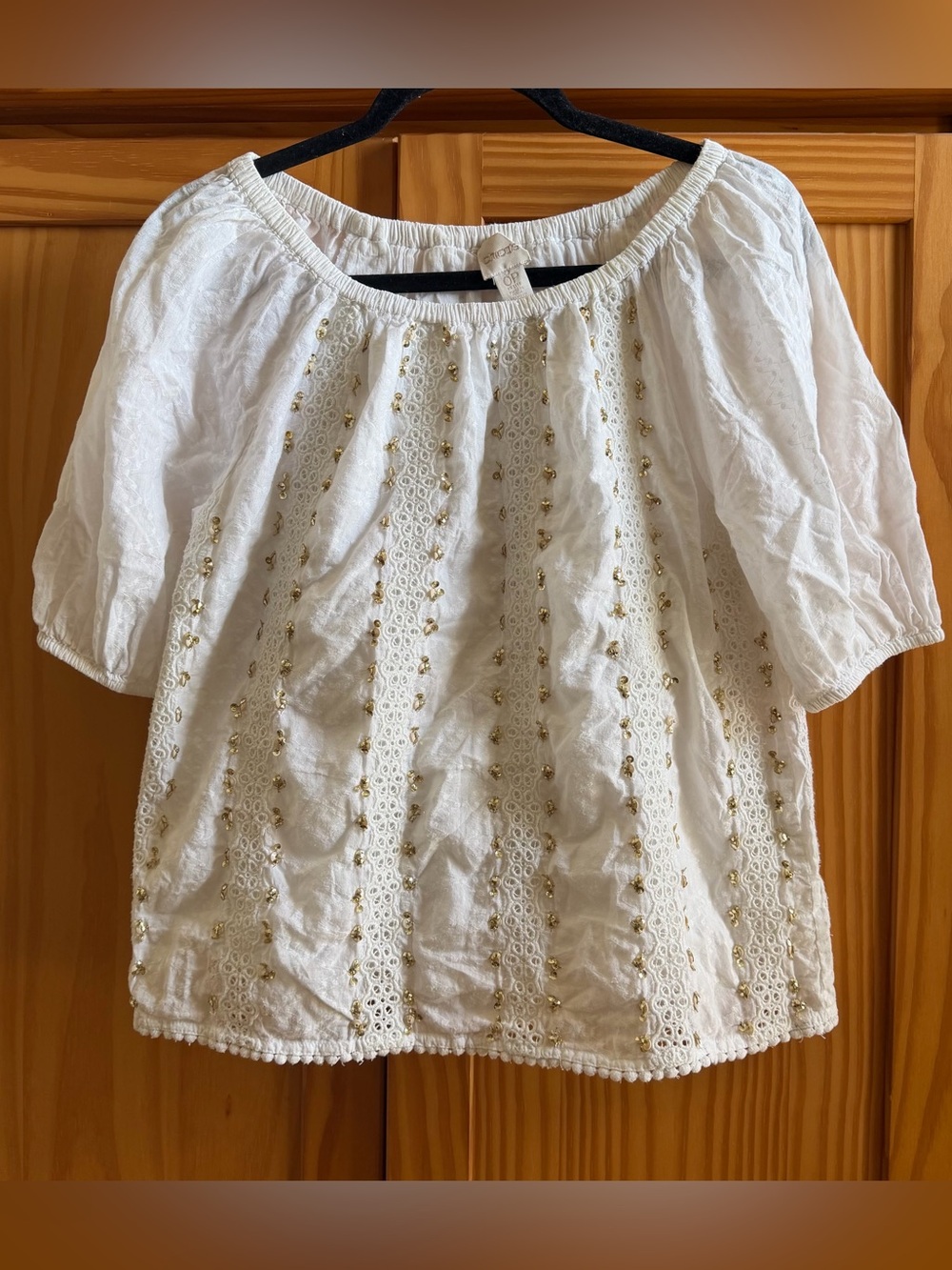 CHICO’S Sequin Embellished Eyelet Puff Sleeve Milkmaid Peasant Top